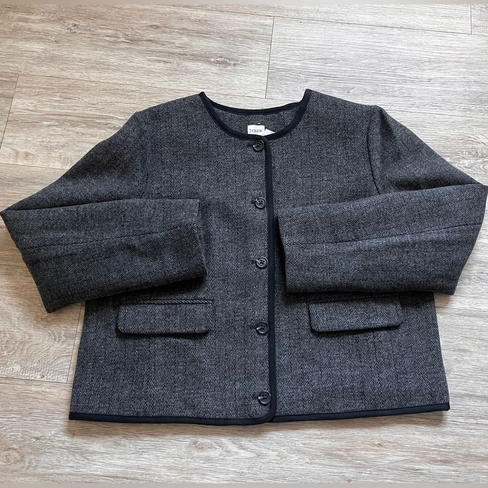 J Crew Women's Herringbone Blazer Wool Blend Button Front Elegant Short Coat S16